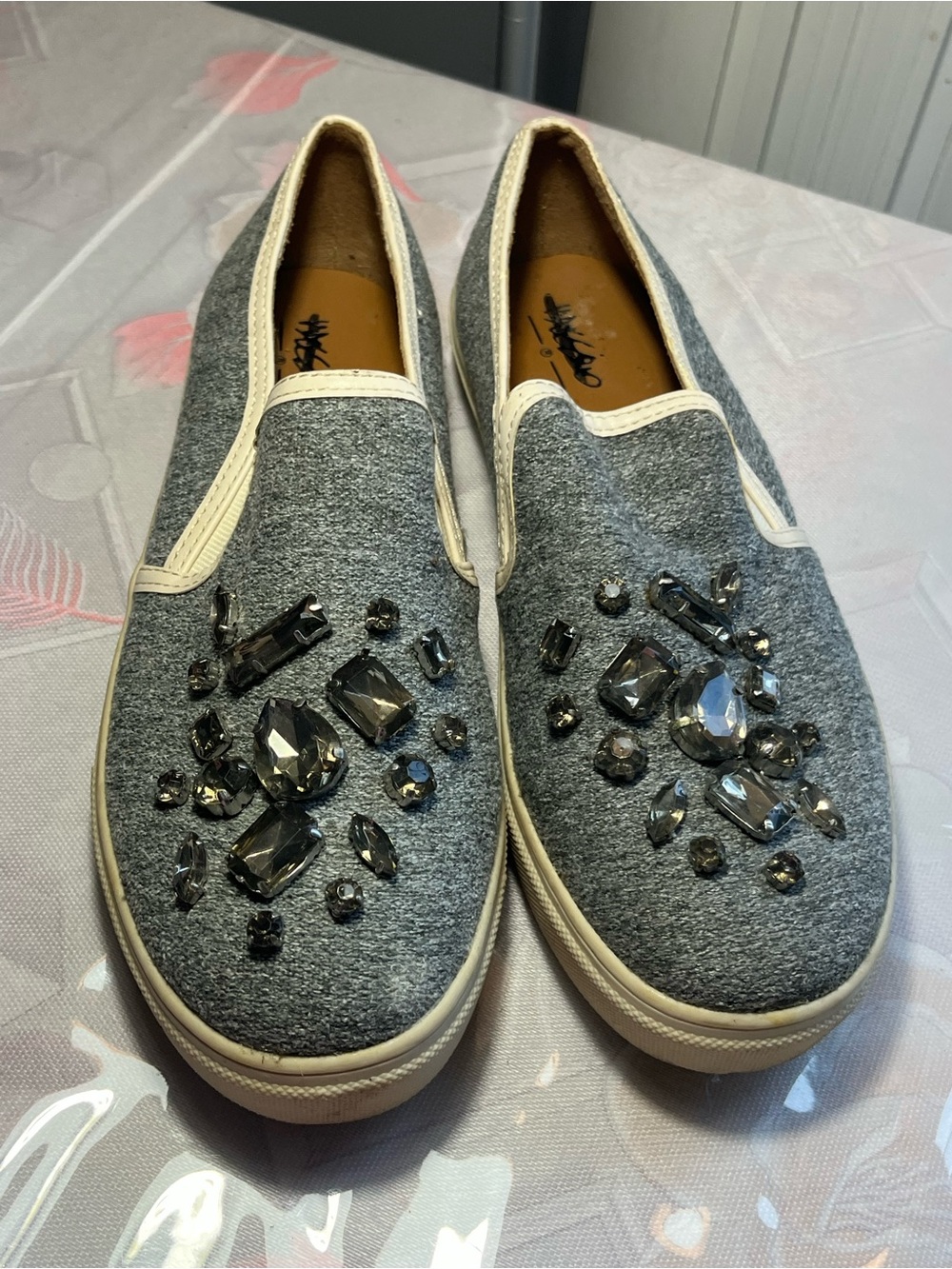 Gray Jeweled Slip-On Flats with Cushioned Comfort